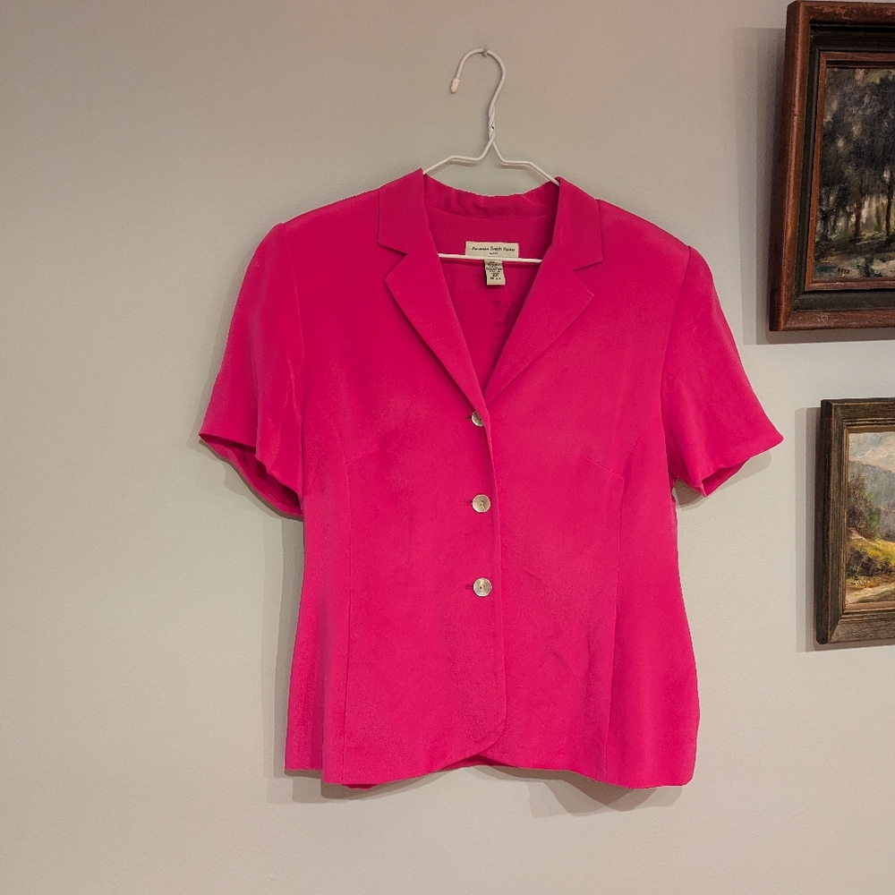 90s/Y2K Vintage Women's 8P Silk Hot Pink Jacket Short Sleeve Button Up Collared